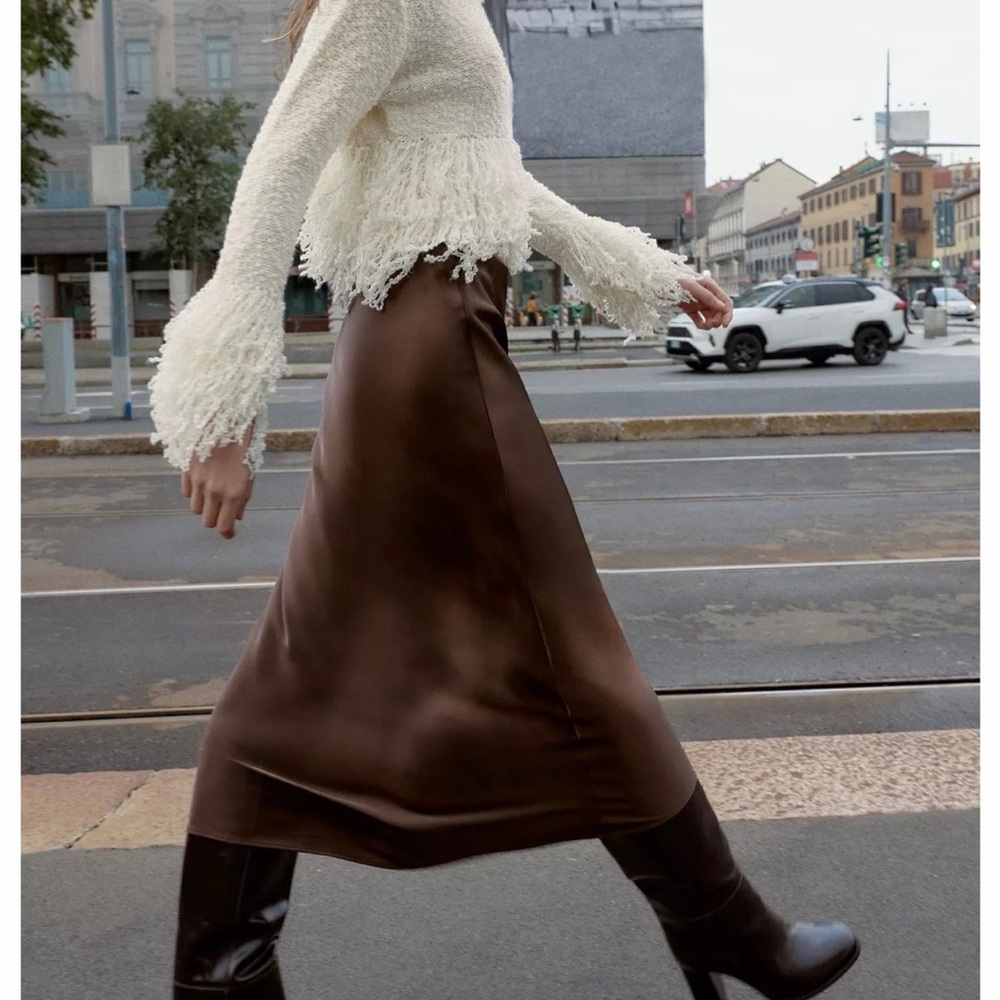 Zara Satin A-Line Midi Skirt in Brown